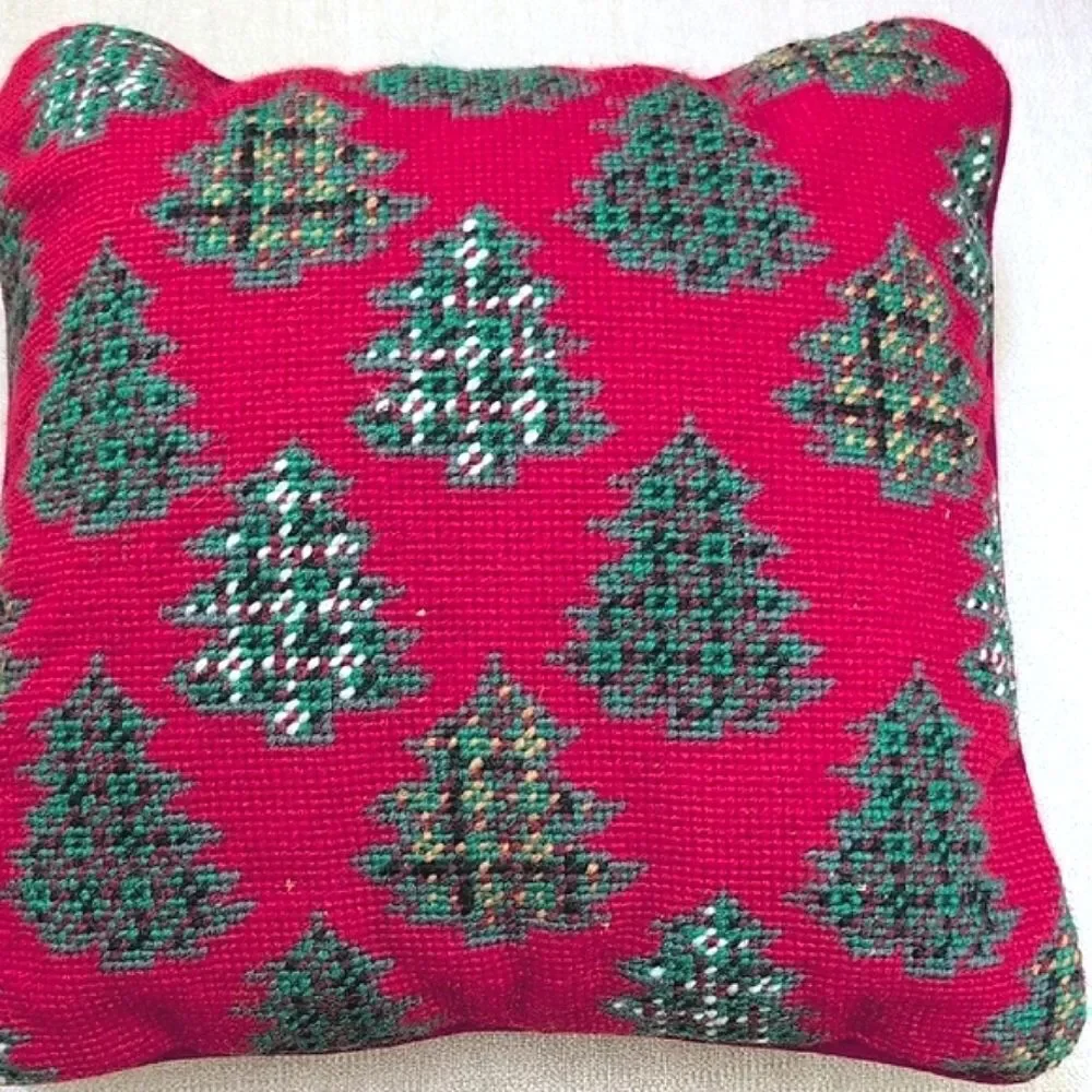 Festive Red & Green Needlepoint Christmas Tree Holiday Pillows Vintage Set of 2